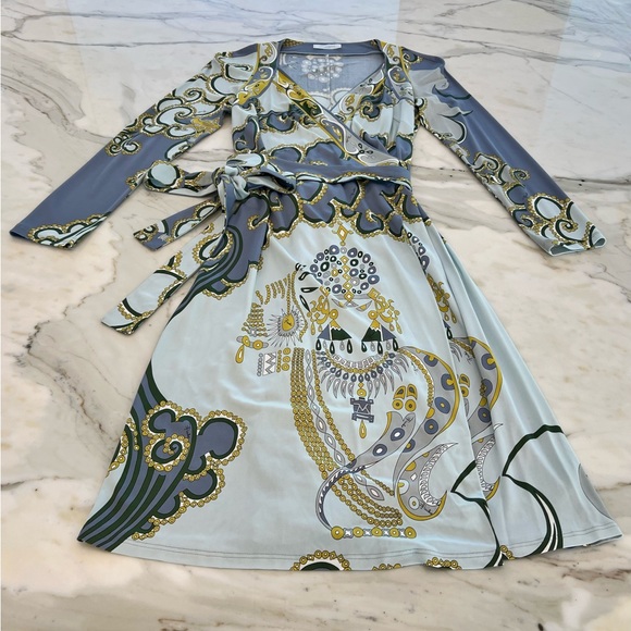 EMILIO PUCCI BLUE GRAY PRINT WRAP DRESS SIZE MODEL 66RH11 IT 42 / US 8 NWOTS! - Picture 5 of 13